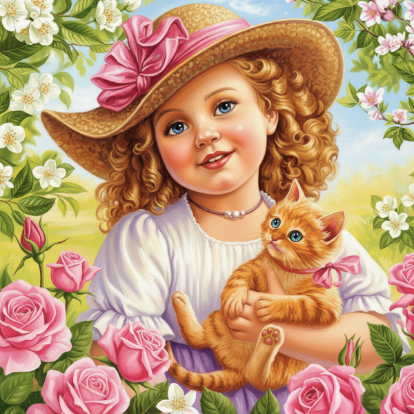 Mädchen, Kätzchen und Rosen.