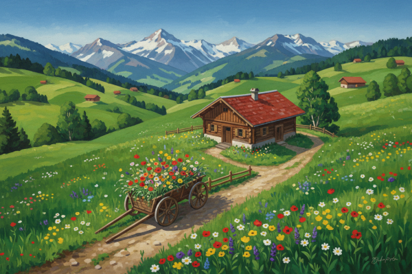 Alpenlandschaft mit blumengeschmücktem Wagen – BG26-0226