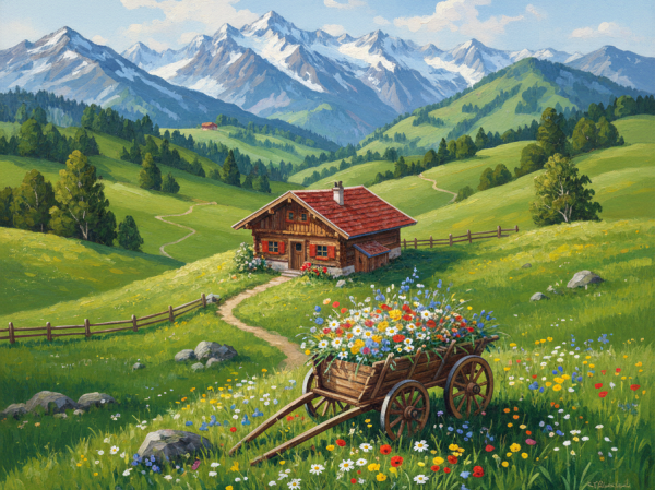 Alpenlandschaft mit blumengeschmücktem Wagen