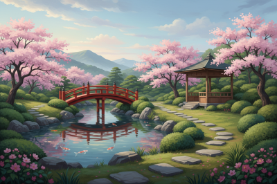 Japanischer Garten mit Kirschblüten