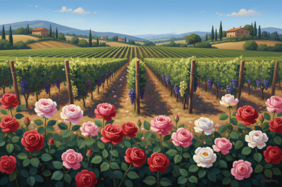 Toskanischer Weinberg mit Rosen