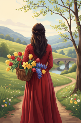 Blumenfrau in Landschaft