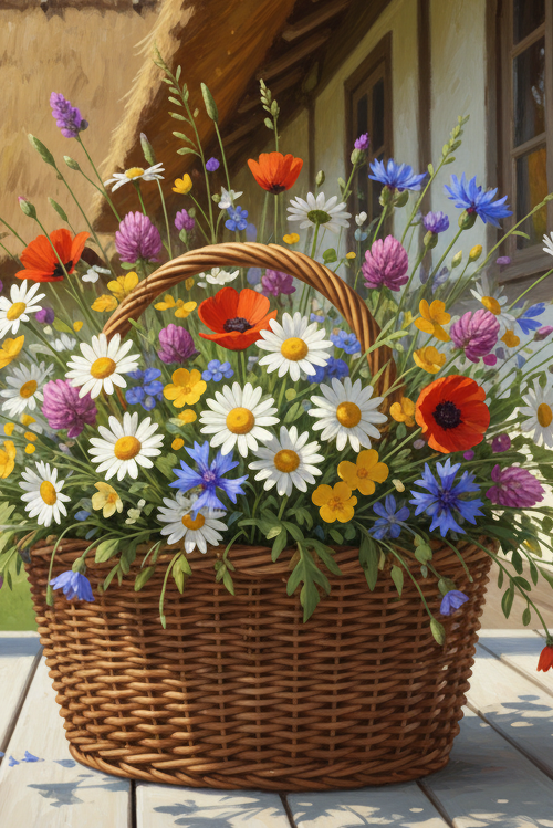 Blumenkorb vor einem Landhaus