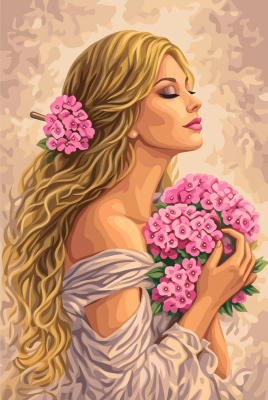 Dame mit rosa Blumen