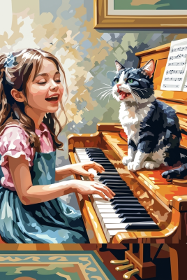 Klavierspielendes Mädchen mit Katze