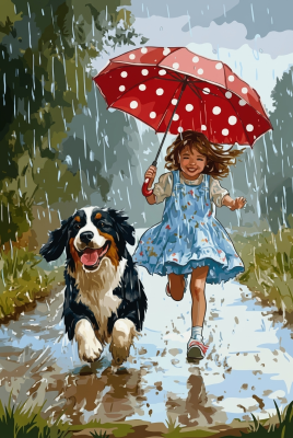 Kleines Mädchen mit Hund im Regen