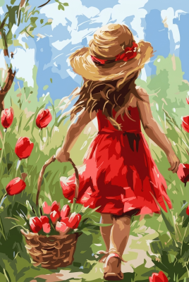 Mädchen mit Tulpen auf dem Feld