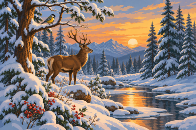 Winterwaldlandschaft mit einem Reh