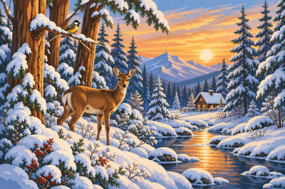 Winterwaldlandschaft mit Reh
