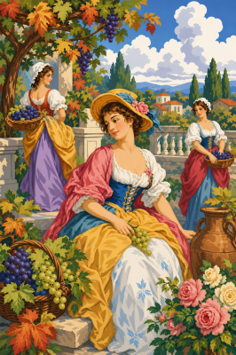 Weinlese-Hofdame Gobelin Lebensszene