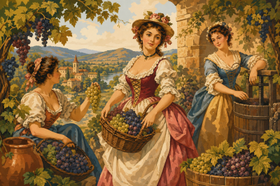 Weinlese-Hofdame Gobelin Lebensszene