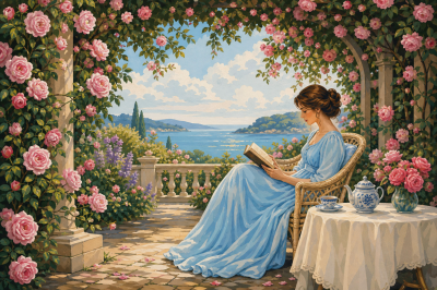 Lesende Dame unter dem Rosenbogen
