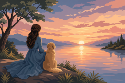 Muster für Gobelin mit Sonnenuntergang am Seeufer