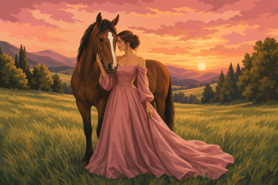 Frau und Pferd im Sonnenuntergang