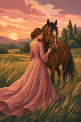 Frau und Pferd im Sonnenuntergang