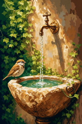 Vogel am Gartenbrunnen