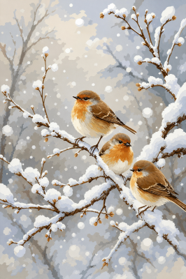 Drei Rotkehlchen auf verschneiten Ästen