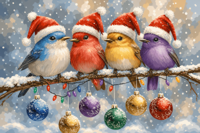 Weihnachtsvögel auf dem schneebedeckten Ast