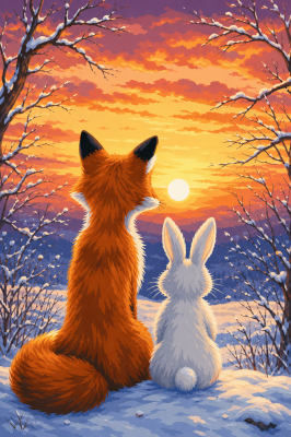 Fuchs und Hase im Sonnenuntergang