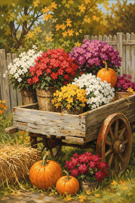 Blumen und Kürbisse in der Schubkarre