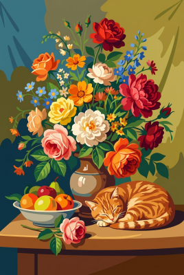 Stillleben mit Blumen und Katze – BG26-0320