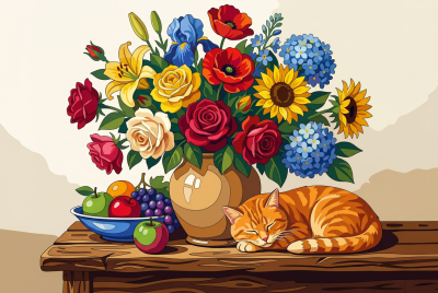 Stillleben mit Blumen und Katze – BG26-0321