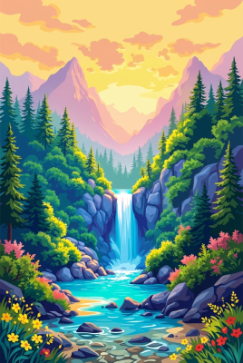 Bergwasserfall im Sonnenuntergang