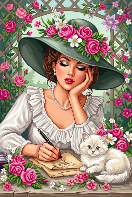 Dame mit Blumenhut und Katze