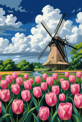 Holländische Windmühle mit Tulpenfeld (Gobelin)