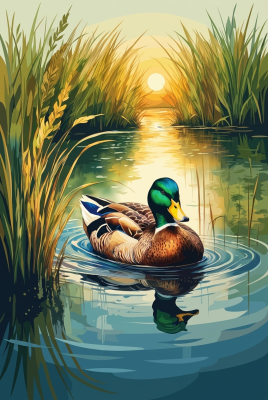 Ente auf dem See bei Sonnenuntergang (Gobelin)