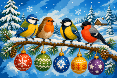Weihnachtsvögel auf dem schneebedeckten Ast
