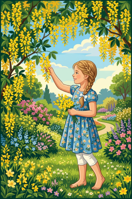 Mädchen mit Goldregenblüten