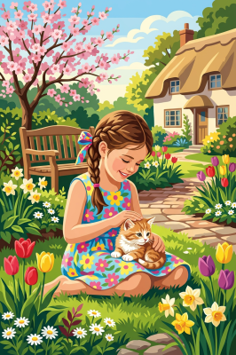 Mädchen mit Katze im Blumengarten