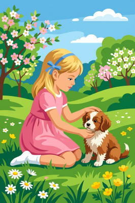 Mädchen mit Hund in Frühlingslandschaft