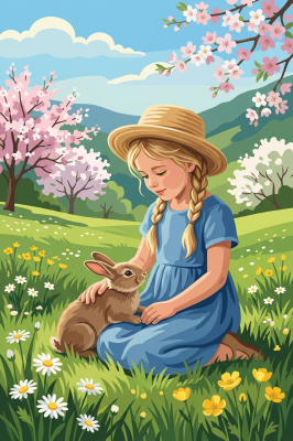 Mädchen mit Kaninchen auf Frühlingswiese