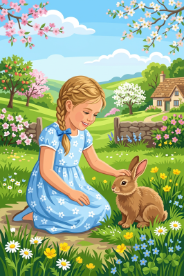 Mädchen mit Häschen in Frühlingslandschaft