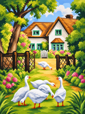 Enten im blühenden Hof