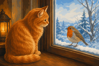 Katze und Rotkehlchen