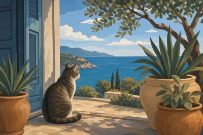 Katze auf der Strandterrasse