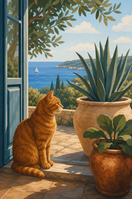 Katze auf der Strandterrasse