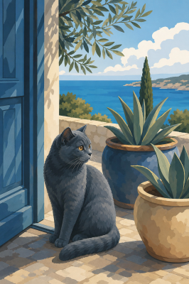 Katze auf der Strandterrasse