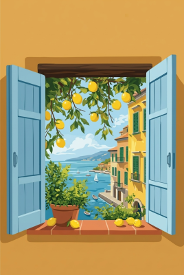 Mediterranes Fenster mit Zitronen (Gobelin)