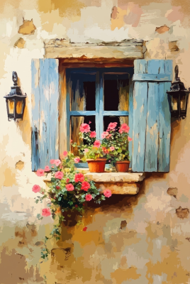 Mediterranes Fenster mit Blumenstickerei