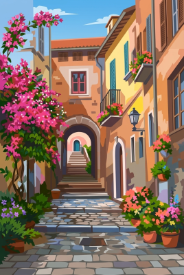 Mittelmeerstraße mit Blumen