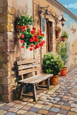 Mediterrane Straßenansicht mit Blumen