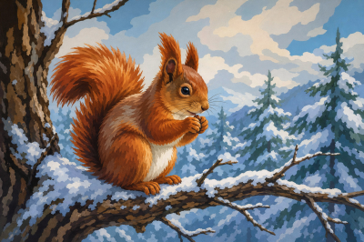 Eichhörnchen auf einem schneebedeckten Ast