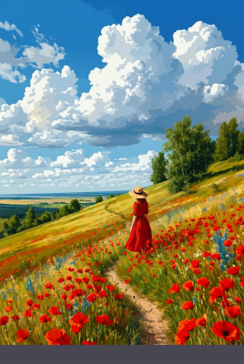 Frau im roten Kleid auf einem Mohnfeld (Gobelin)