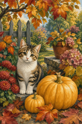 Herbstkatze mit Kürbissen