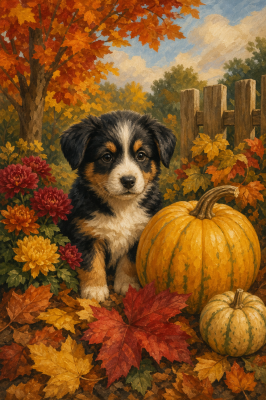 Herbstlicher Welpe zwischen Kürbissen