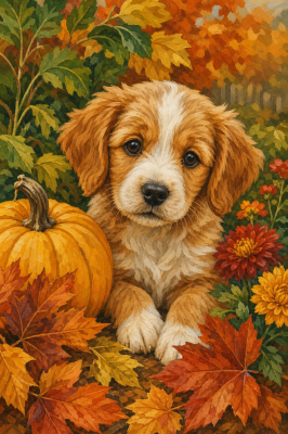 Herbstlicher Welpe zwischen Kürbissen